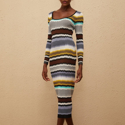 Franceschina Midi Dress in Purple Zigzag Knit Lilac Multicolor Long Sleeve Round Neck Pencil Silhouette 100% Terylene Fiber
