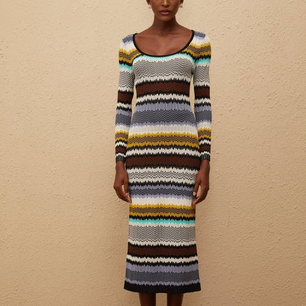 Franceschina Midi Dress in Purple Zigzag Knit lilac and multicolor hues knitted construction pencil silhouette midi length slip-on style round neck long sleeves 100% Terylene fiber