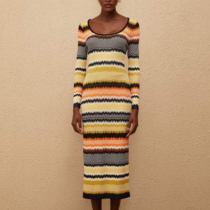 Frédérique Yellow Zigzag Woven Knit Midi Dress