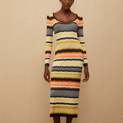 Frédérique Yellow Zigzag Woven Knit Midi Dress