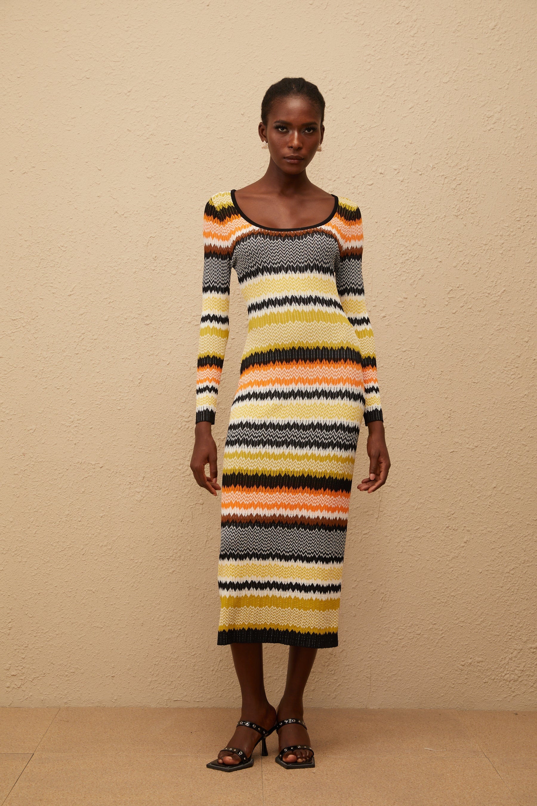 Frédérique Yellow Zigzag Woven Knit Midi Dress
