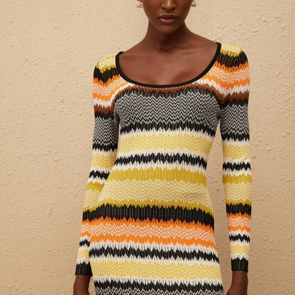 Frédérique Yellow Zigzag Woven Knit Midi Dress