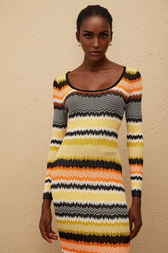Frédérique Yellow Zigzag Woven Knit Midi Dress