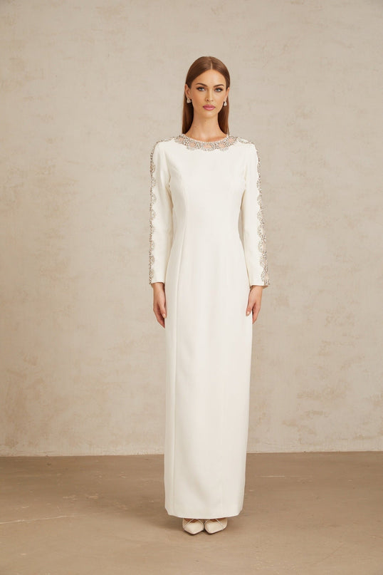Freja White Crystal Embellished Maxi Gown in White
