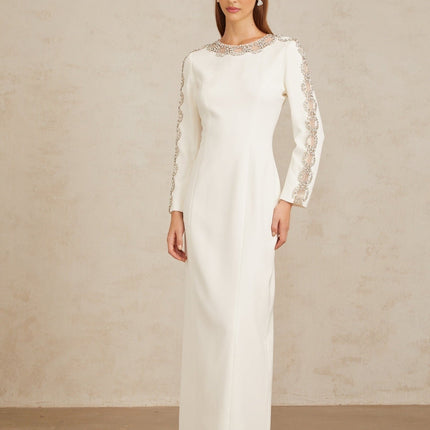 Freja White Crystal Embellished Maxi Gown in White