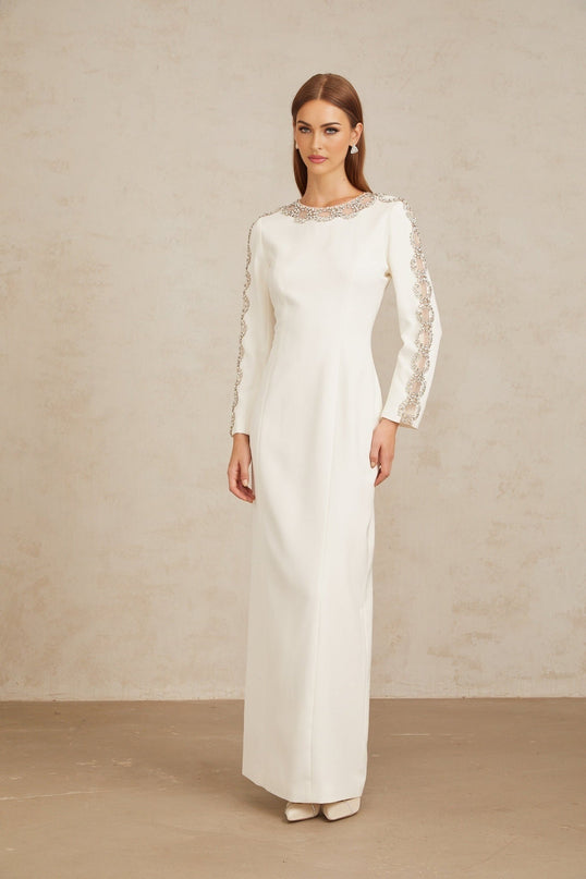 Freja White Crystal Embellished Maxi Gown in White