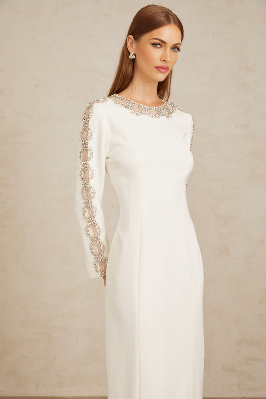 Freja White Crystal Embellished Maxi Gown in White