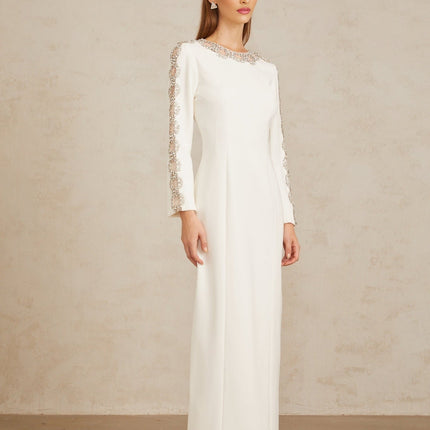 Freja White Crystal Embellished Maxi Gown in pristine white with crystal embellishments and tulle panelling