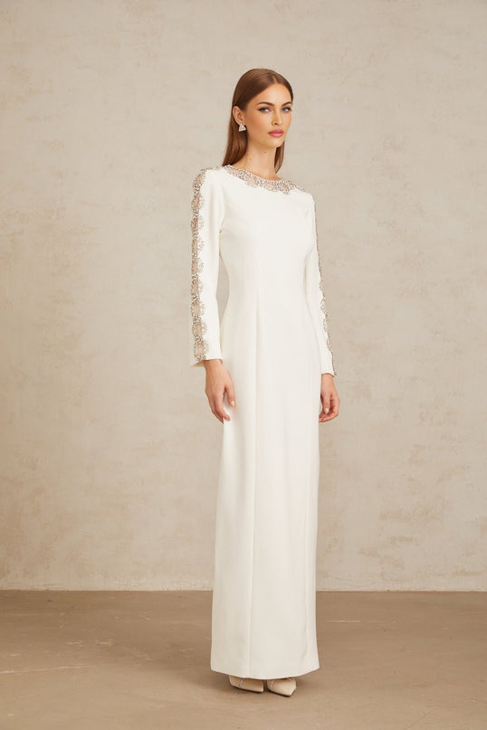 Freja White Crystal Embellished Maxi Gown in pristine white with crystal embellishments and tulle panelling
