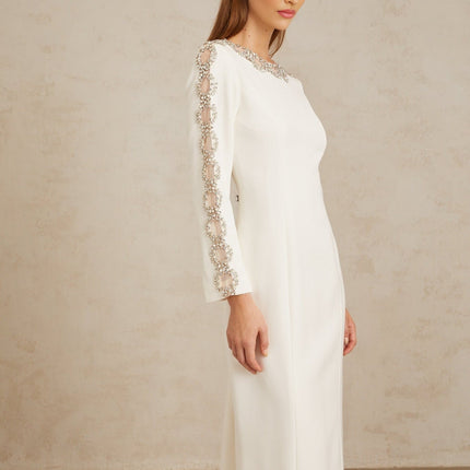 Freja White Crystal Embellished Maxi Gown in White color