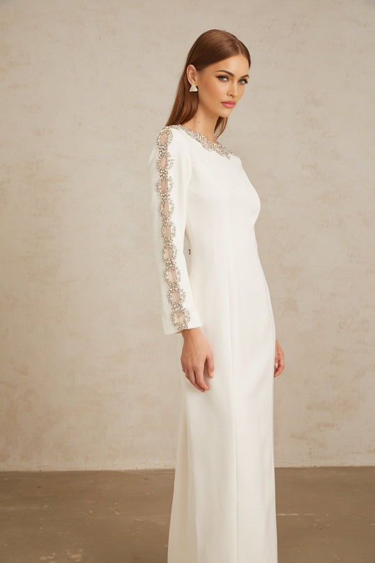 Freja White Crystal Embellished Maxi Gown in White color