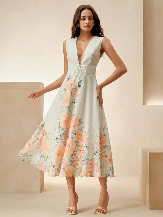French Design Deep VNeck Positioning Print Sleeveless Fashionable MidLength Floral Dress For Women