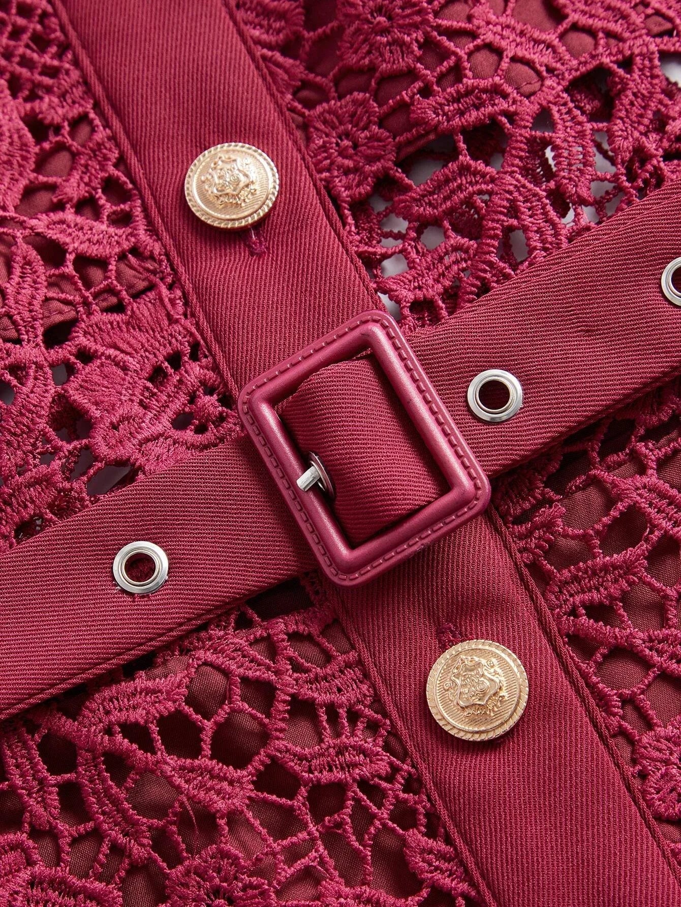 French Elegant Solid Color Lace Front Button Waist Cinched Dress