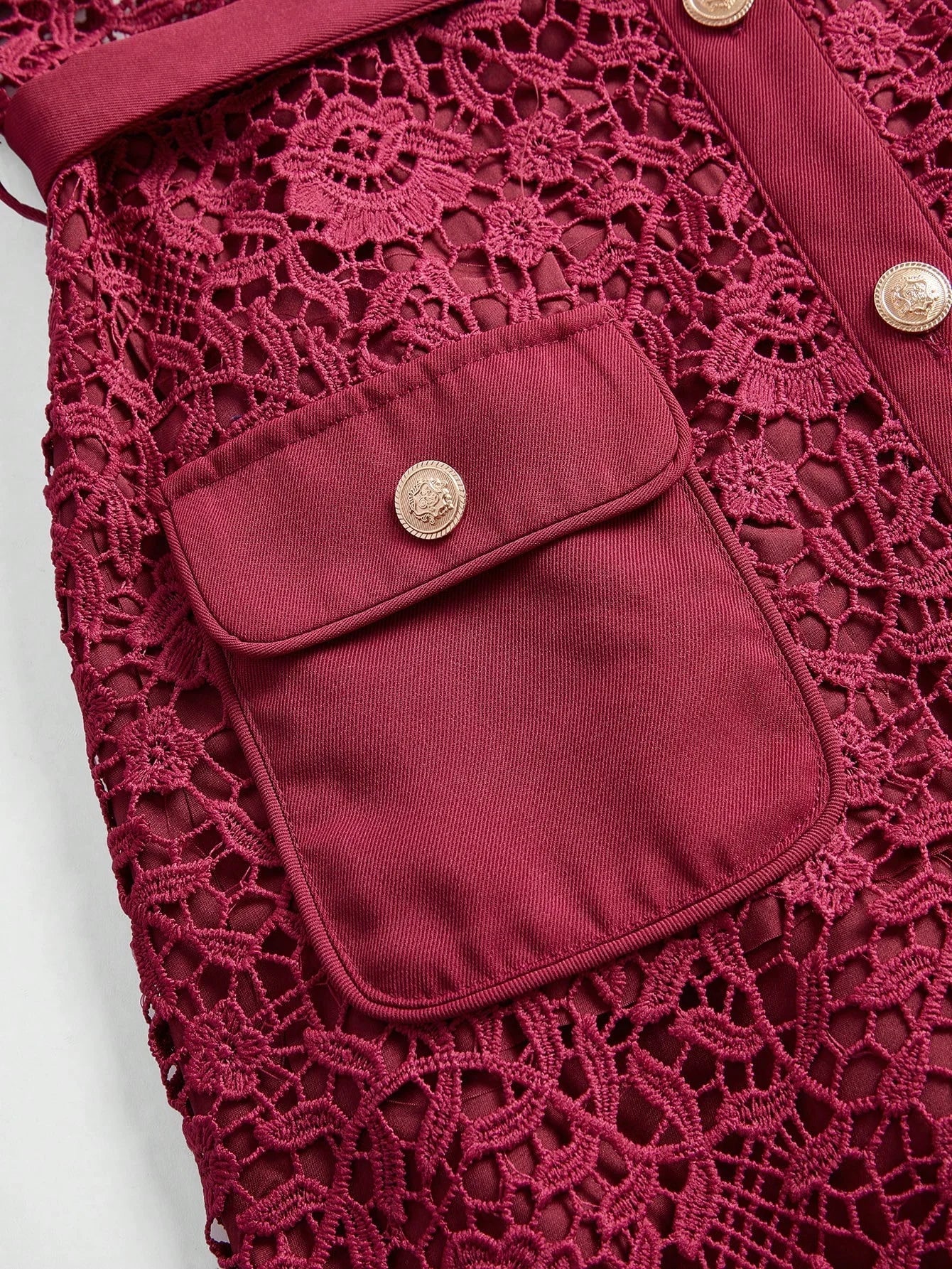 French Elegant Solid Color Lace Front Button Waist Cinched Dress