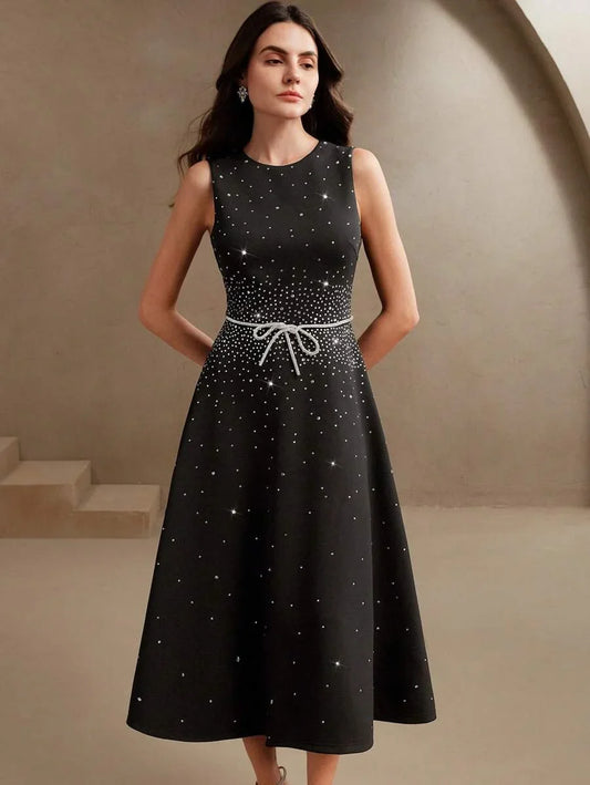 French Luxury DiamondStudded Elegant Waist ALine Dress Modest Clothes For Women SpringSummer
