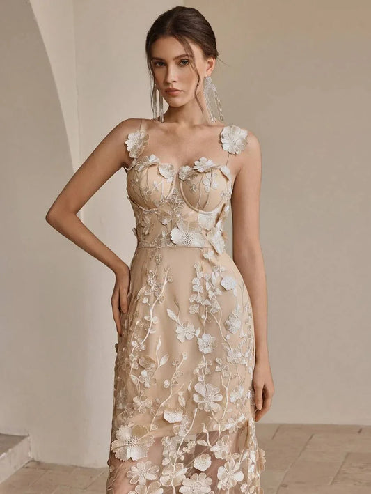 French Luxury Floral Embroidery Mesh Camisole Dress Summer Modest Festival Party