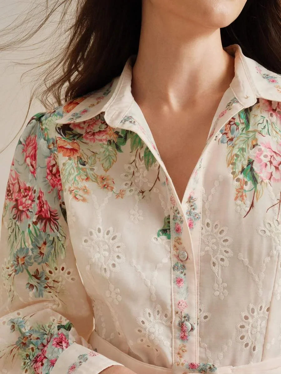 French SingleBreasted Lantern Sleeve Notched Collar Placement Print Loose Waist Belt Long Dress