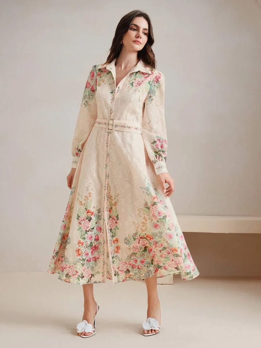 French SingleBreasted Lantern Sleeve Notched Collar Placement Print Loose Waist Belt Long Dress
