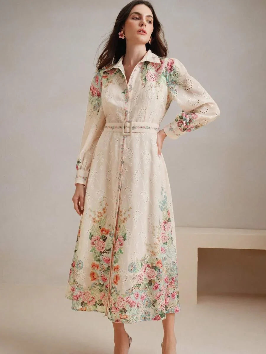 French SingleBreasted Lantern Sleeve Notched Collar Placement Print Loose Waist Belt Long Dress