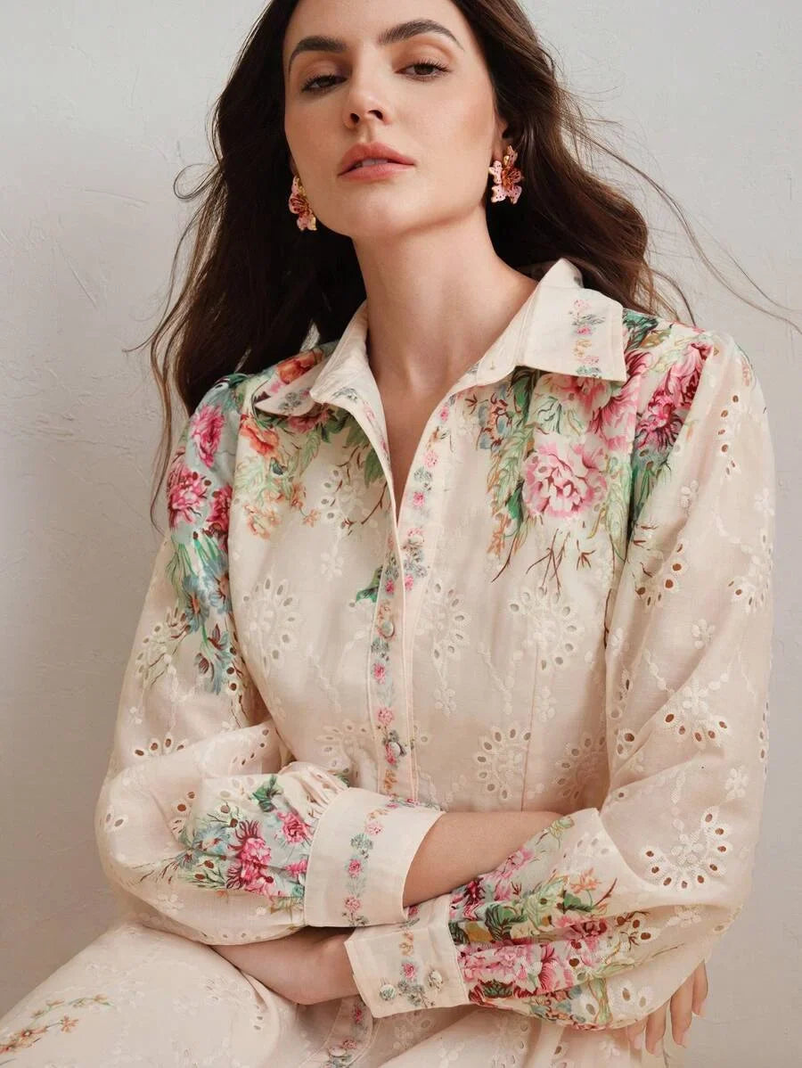 French SingleBreasted Lantern Sleeve Notched Collar Placement Print Loose Waist Belt Long Dress