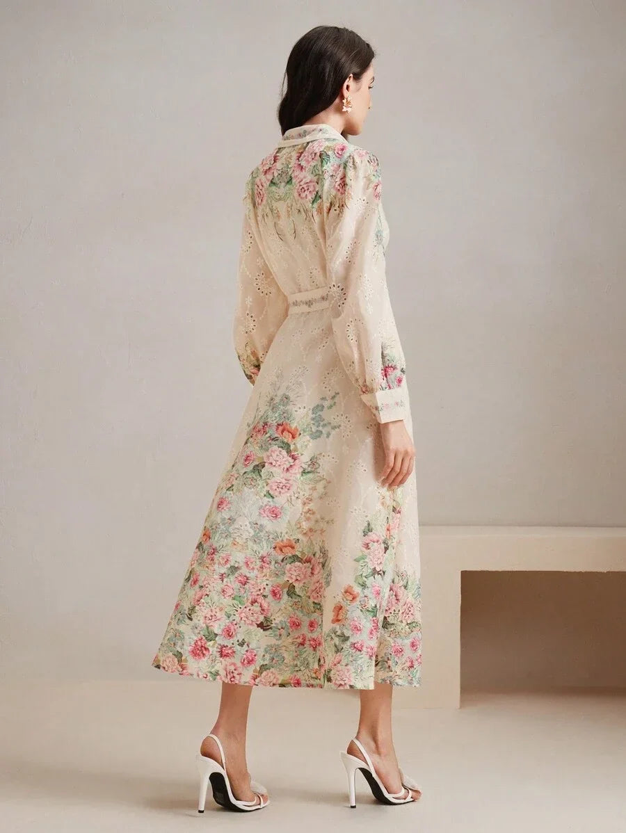 French SingleBreasted Lantern Sleeve Notched Collar Placement Print Loose Waist Belt Long Dress