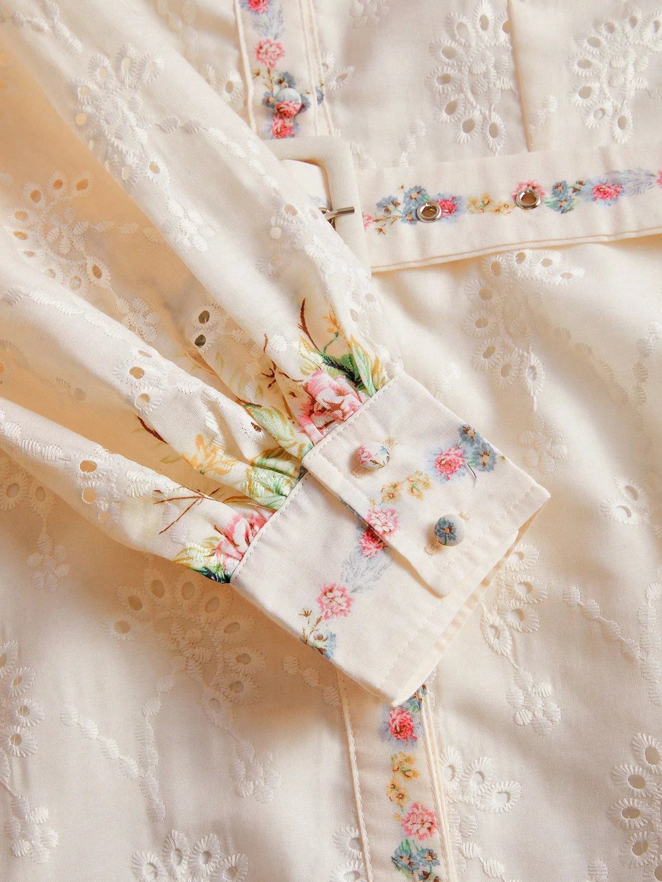 French SingleBreasted Lantern Sleeve Notched Collar Placement Print Loose Waist Belt Long Dress