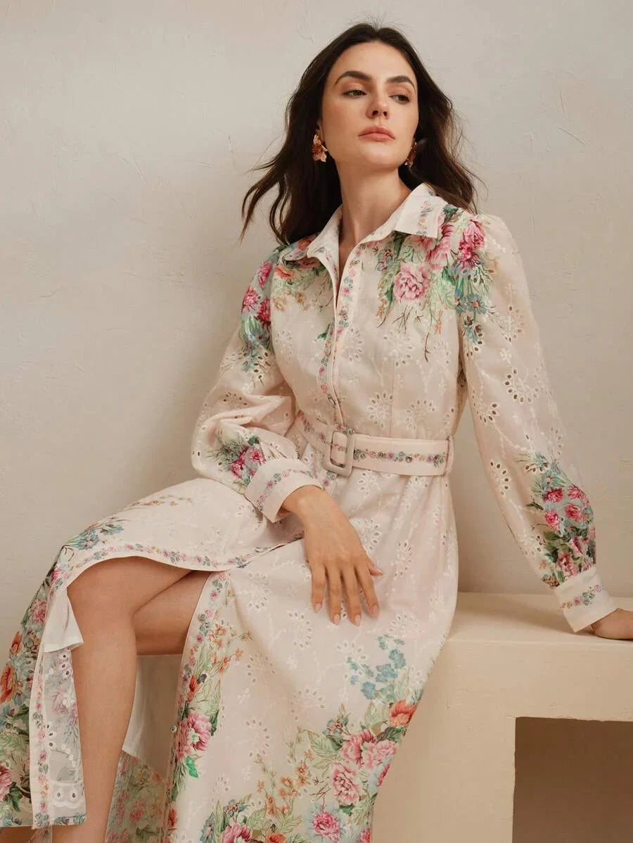 French SingleBreasted Lantern Sleeve Notched Collar Placement Print Loose Waist Belt Long Dress