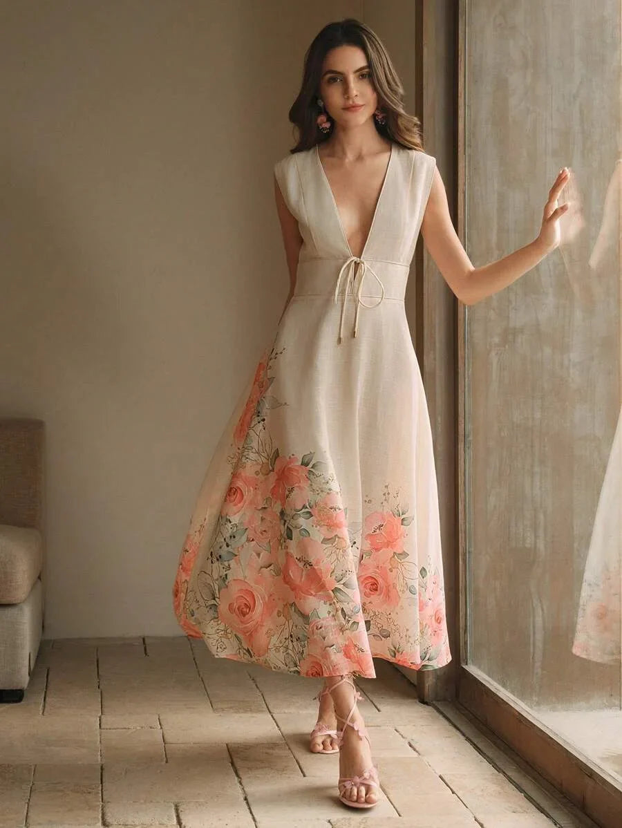 French Style Deep V Neck Positioning Print Sleeveless Midi Floral Dress For Women