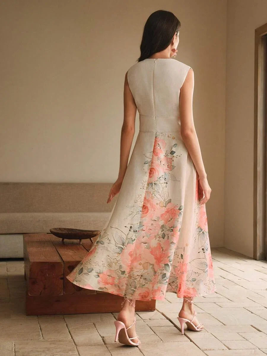 French Style Deep V Neck Positioning Print Sleeveless Midi Floral Dress For Women
