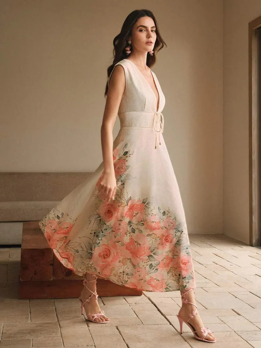 French Style Deep V Neck Positioning Print Sleeveless Midi Floral Dress For Women