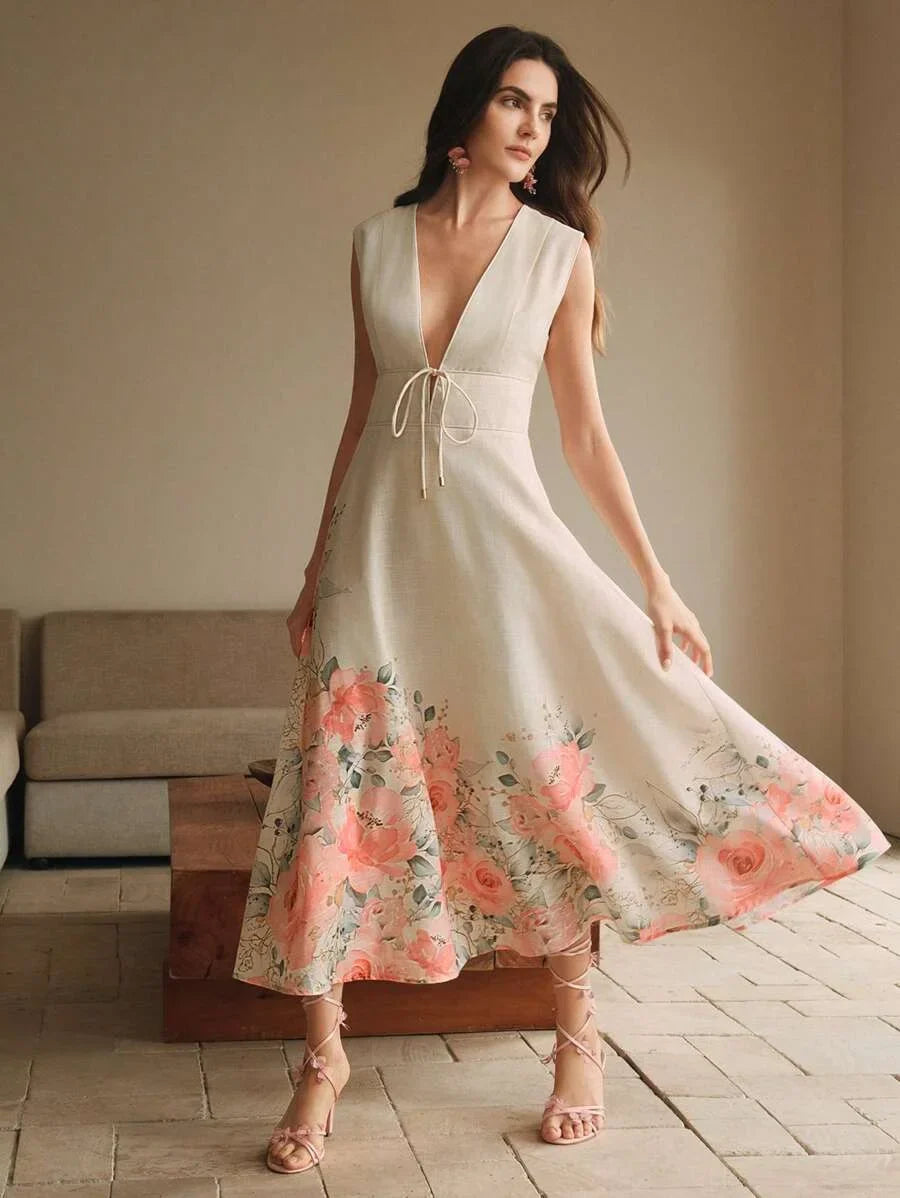 French Style Deep V Neck Positioning Print Sleeveless Midi Floral Dress For Women
