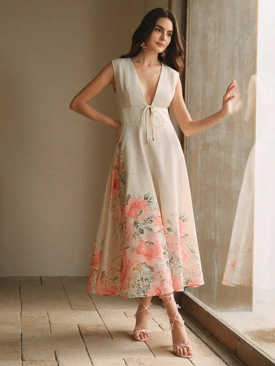 French Style Deep V Neck Positioning Print Sleeveless Midi Floral Dress For Women