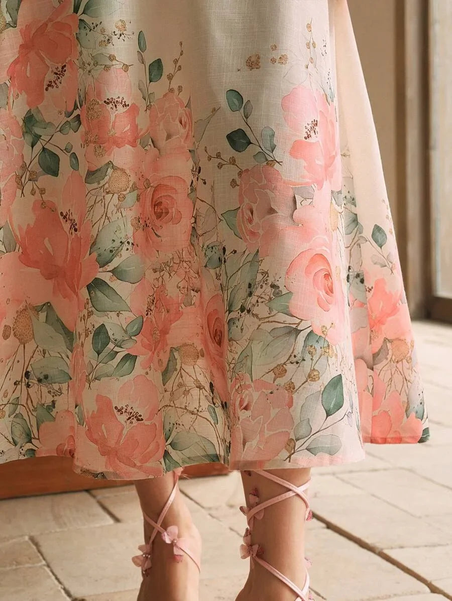 French Style Deep V Neck Positioning Print Sleeveless Midi Floral Dress For Women