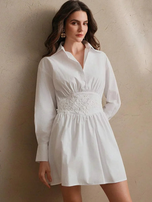 French Style Embroidery Waist Splice Design Long Sleeve Pleated Mini Dress Spring Outfits For Women