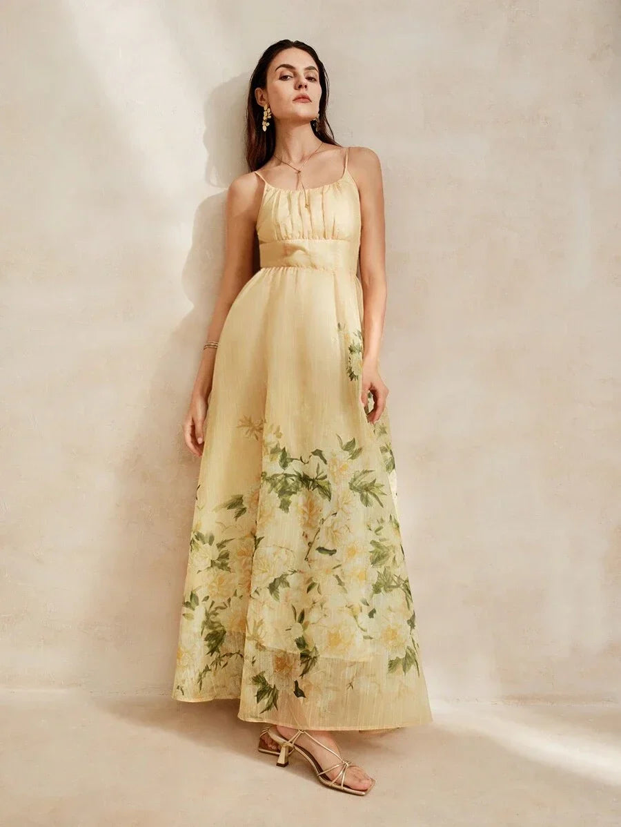 French Style Floral Printed Womens Long Holiday Dress
