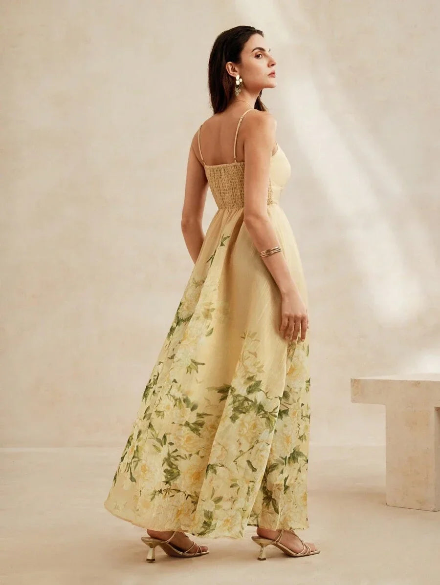 French Style Floral Printed Womens Long Holiday Dress