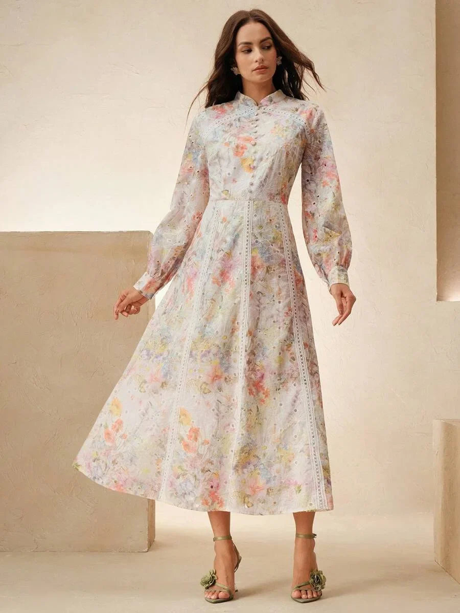 French Style Floral Printed Womens Long Holiday Dress