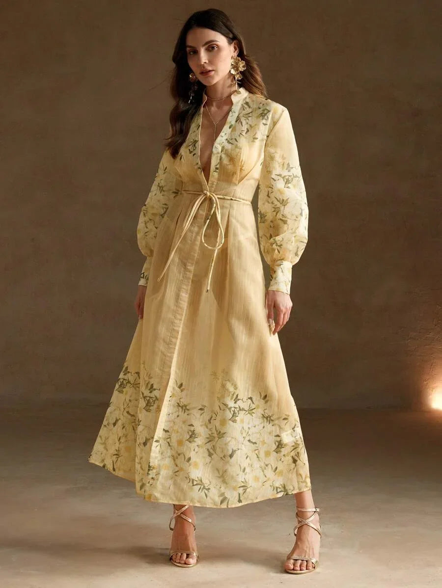 French Style Floral Printed Womens Long Holiday Dress