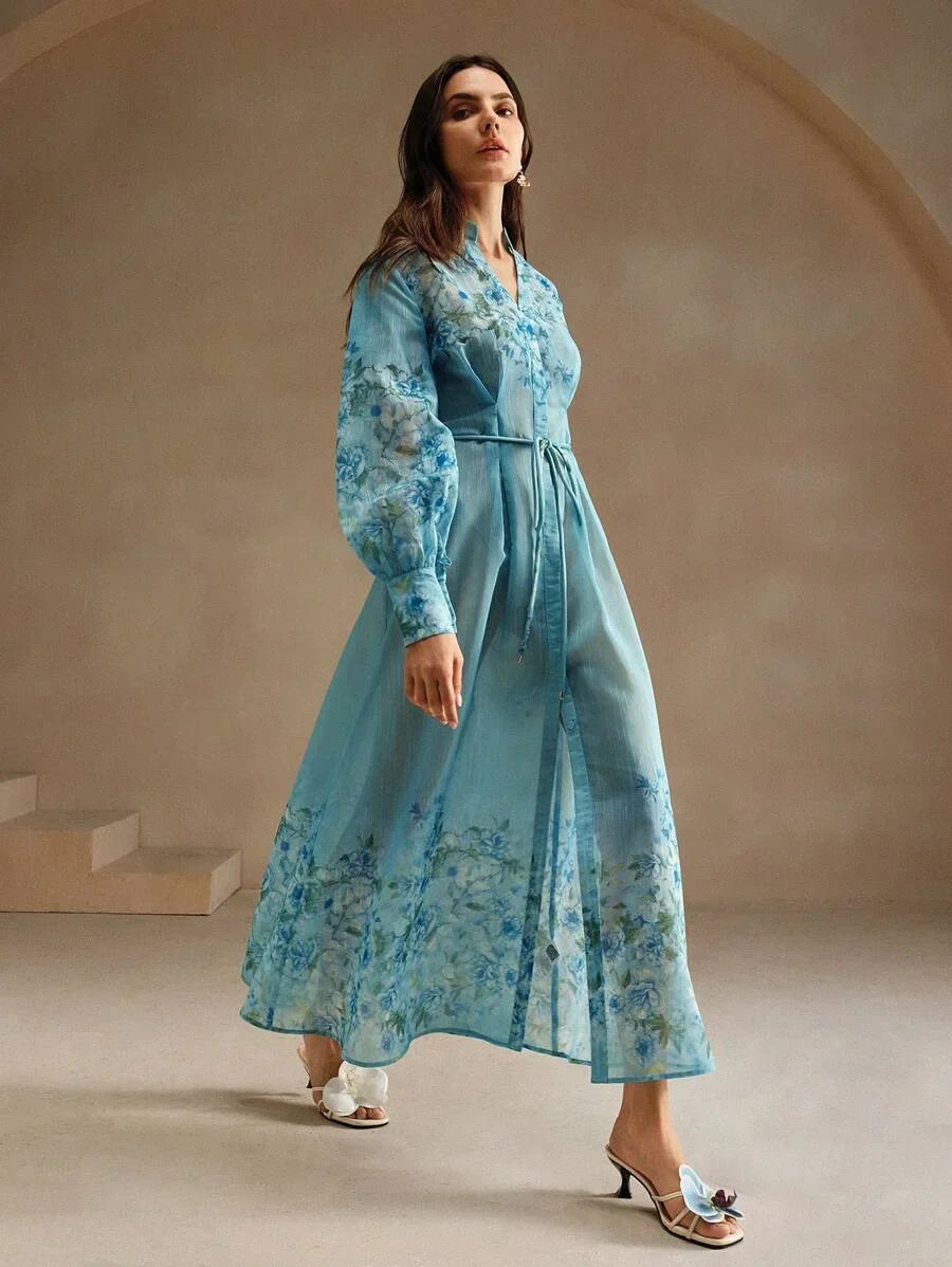French Style Floral Printed Womens Long Holiday Dress