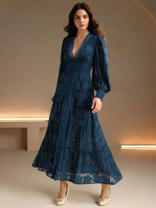 French Style Ruched VNeck Puff Sleeve Elegant Slim Fit Dress Maxi Women Outfit