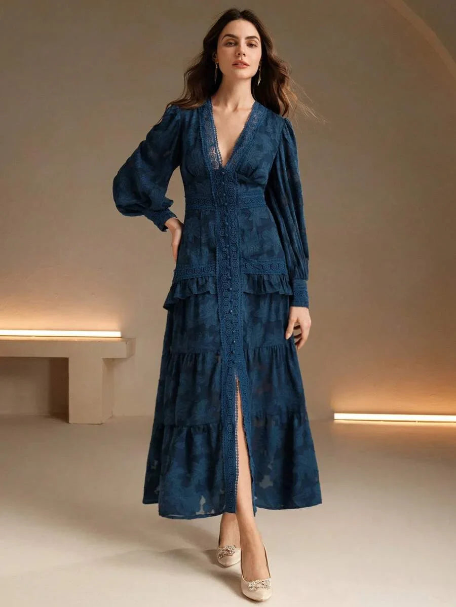 French Style Ruched VNeck Puff Sleeve Elegant Slim Fit Dress Maxi Women Outfit