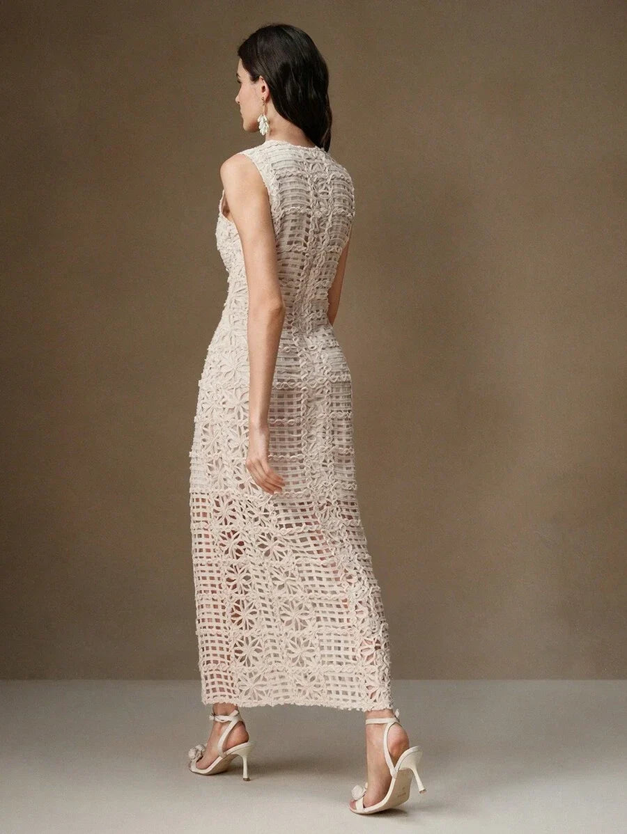 French Stylish Minimalist HollowOut Material Long Dress For Women AutumnWinter