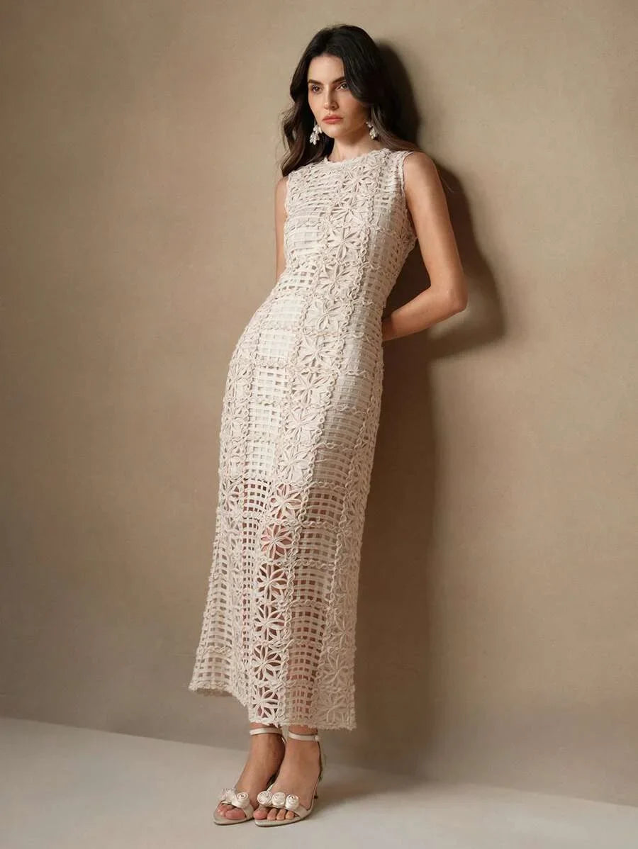 French Stylish Minimalist HollowOut Material Long Dress For Women AutumnWinter