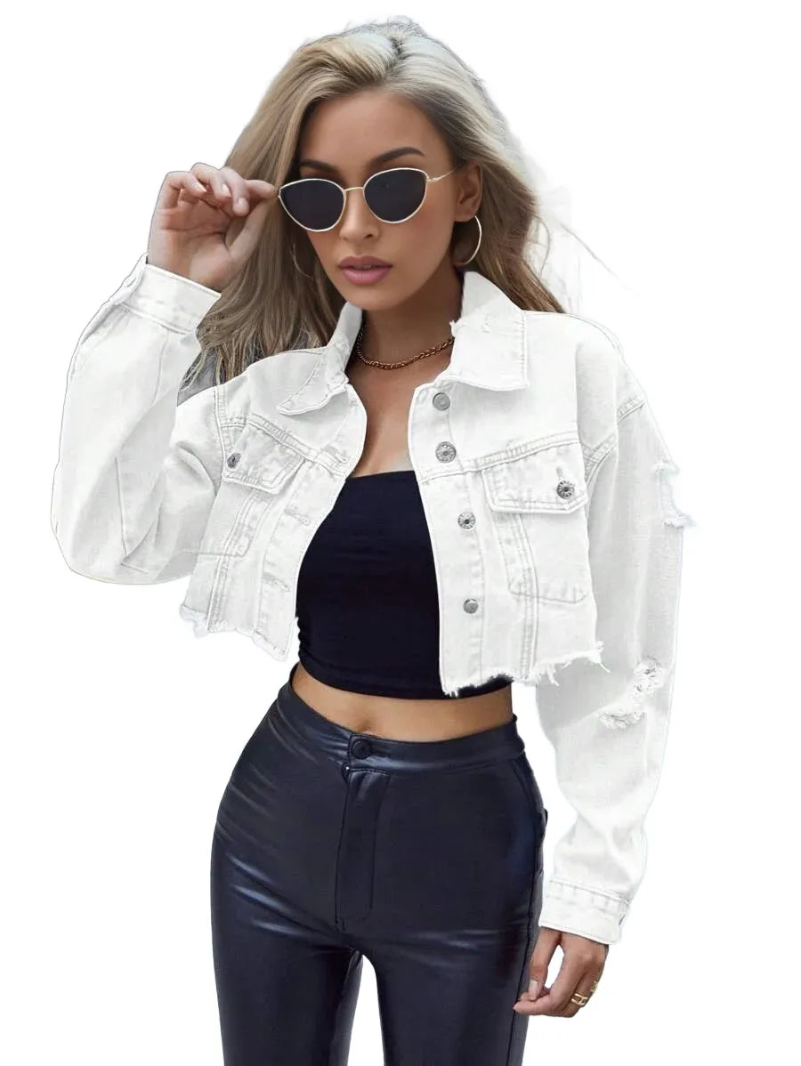 Frenchy Button Front Collared Long Sleeve Short Denim Jacket Casual Daily Wear