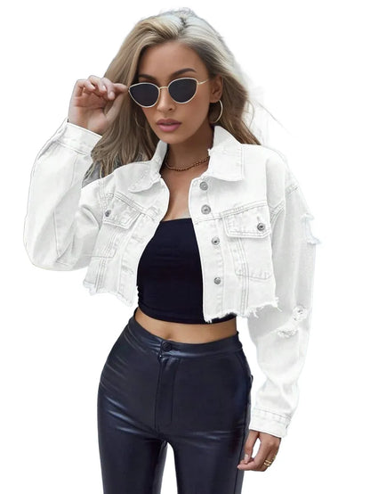 Frenchy Button Front Collared Long Sleeve Short Denim Jacket Casual Daily Wear