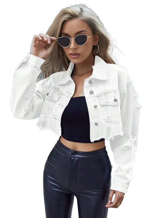 Frenchy Button Front Collared Long Sleeve Short Denim Jacket Casual Daily Wear