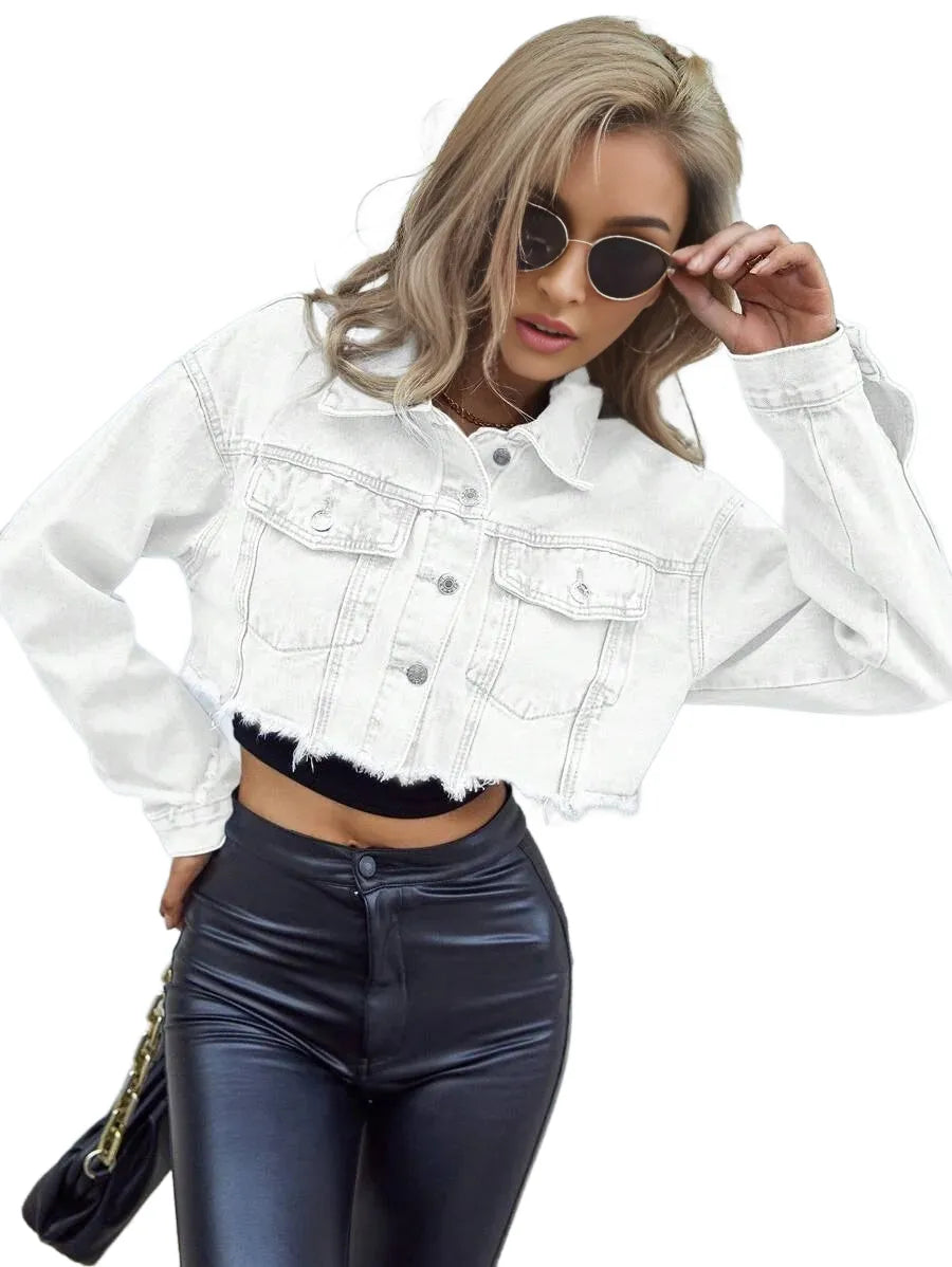 Frenchy Button Front Collared Long Sleeve Short Denim Jacket Casual Daily Wear