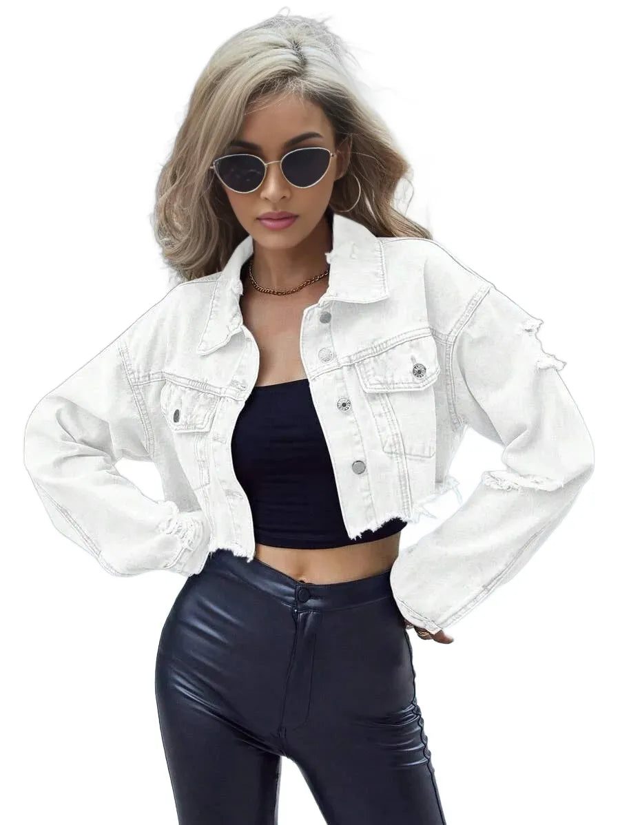 Frenchy Button Front Collared Long Sleeve Short Denim Jacket Casual Daily Wear