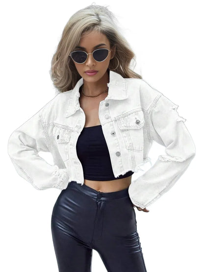 Frenchy Button Front Collared Long Sleeve Short Denim Jacket Casual Daily Wear