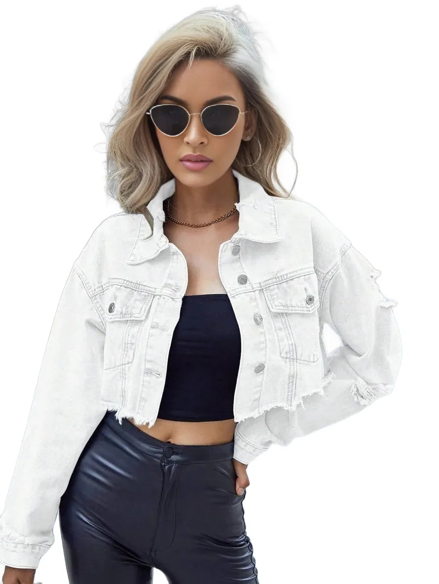 Frenchy Button Front Collared Long Sleeve Short Denim Jacket Casual Daily Wear